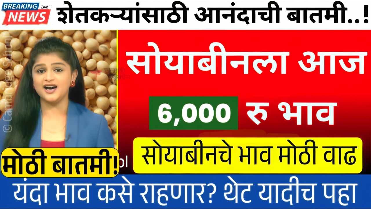 सोयाबीनच्या भावात खुप मोठा बदल; 6000 रुपये भाव जाणार, आजचे नवीन दर पहा Soyabean Price Today