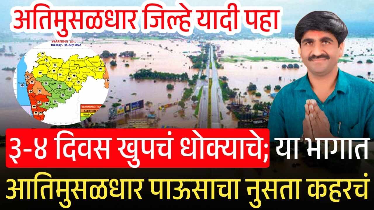 पुढील ३-४ दिवस ‘या’ जिल्ह्यात आतिमुसळधार पाऊसाचा नुसता कहरचं! जिल्हे यादी पहा Hawaman Andaj